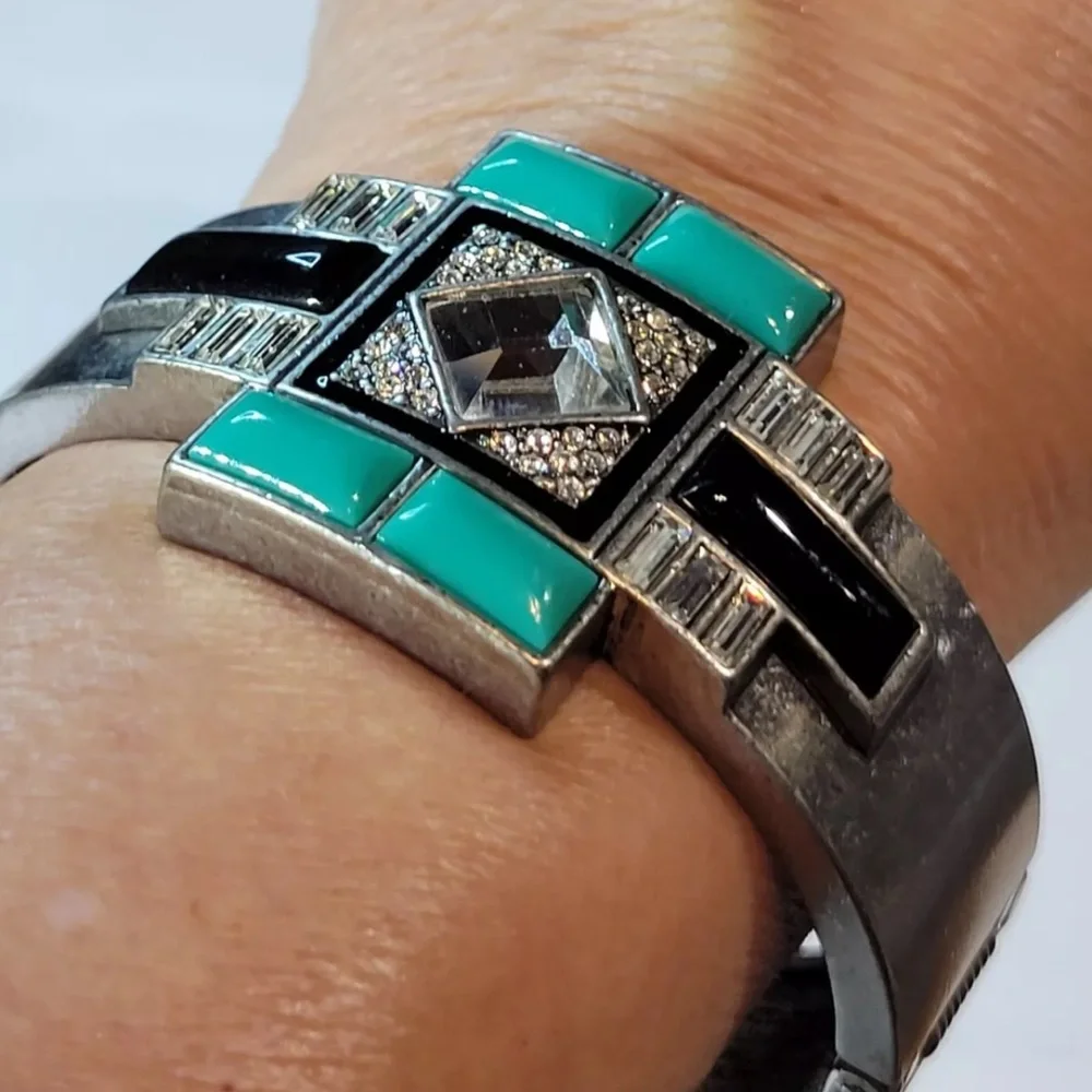 Art Deco Silver Bracelet NYE Party Statement Turquoise Red Carpet Retro NEW